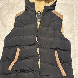 Women's Black Puffer Vest with Tan Accents